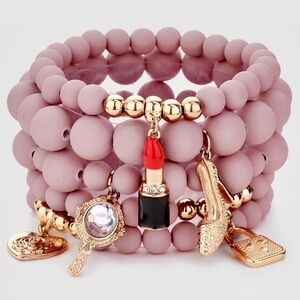 Pink Beaded Charm Bracelet Stack with Lipstick and Shoe Charms